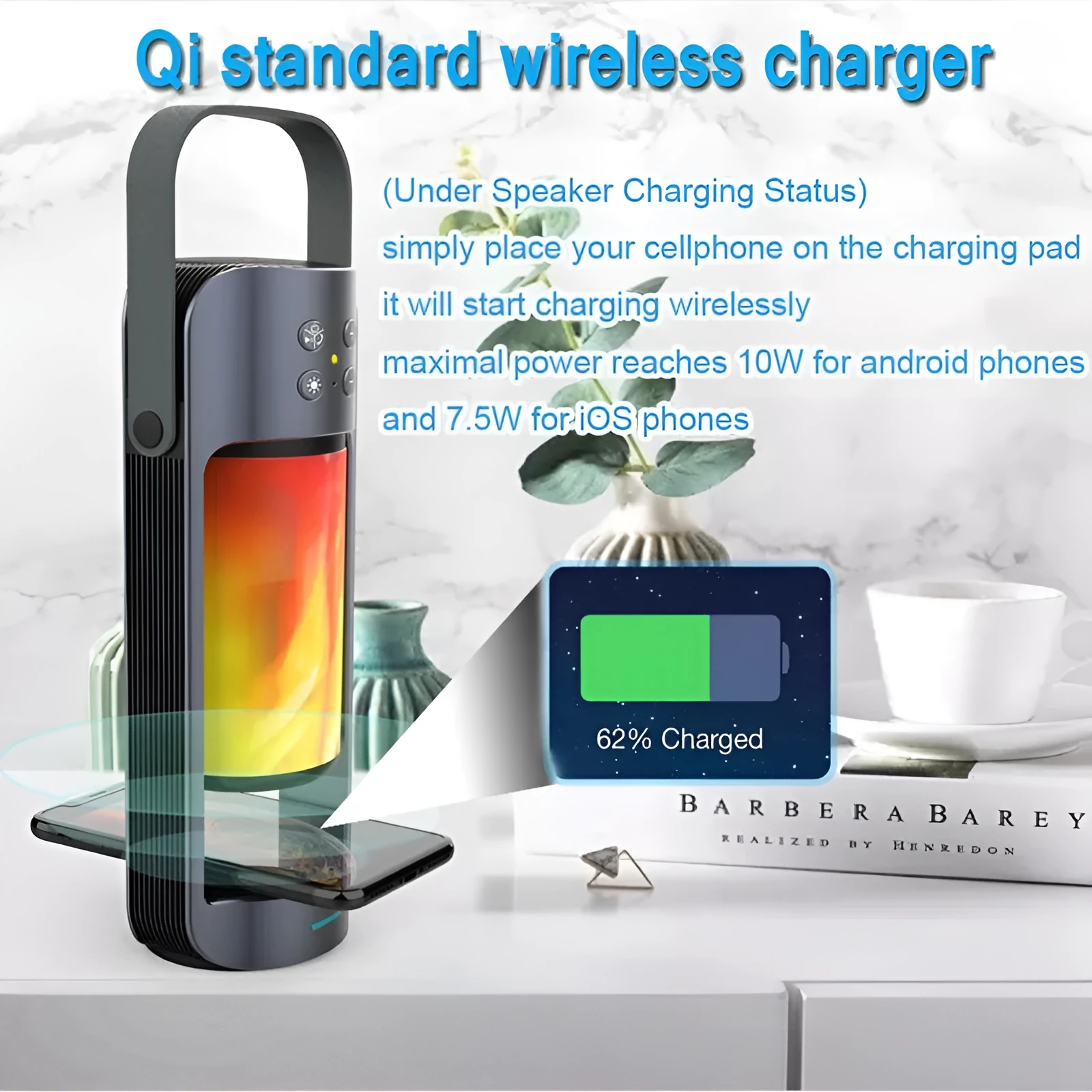 Portable Bluetooth speaker with orange dancing flame light on top, showing wireless charging pad and control buttons.
