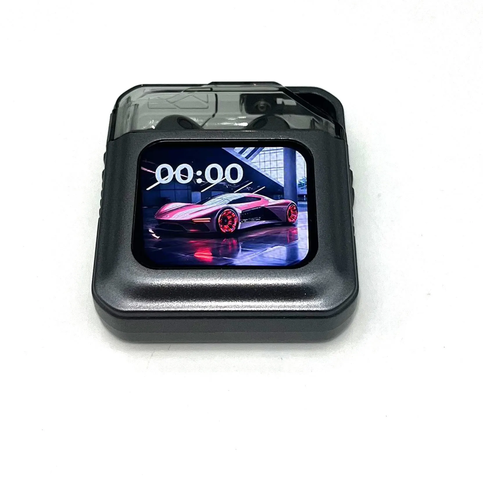 White and grey wireless in-ear Bluetooth headset with a small colour display screen on the earpiece.