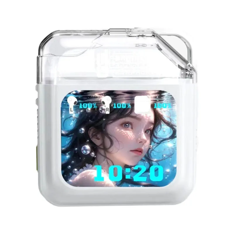 White and grey wireless in-ear Bluetooth headset with a small colour display screen on the earpiece.