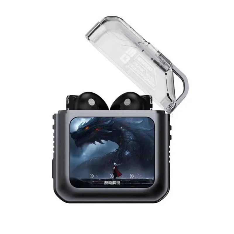 White and grey wireless in-ear Bluetooth headset with a small colour display screen on the earpiece.