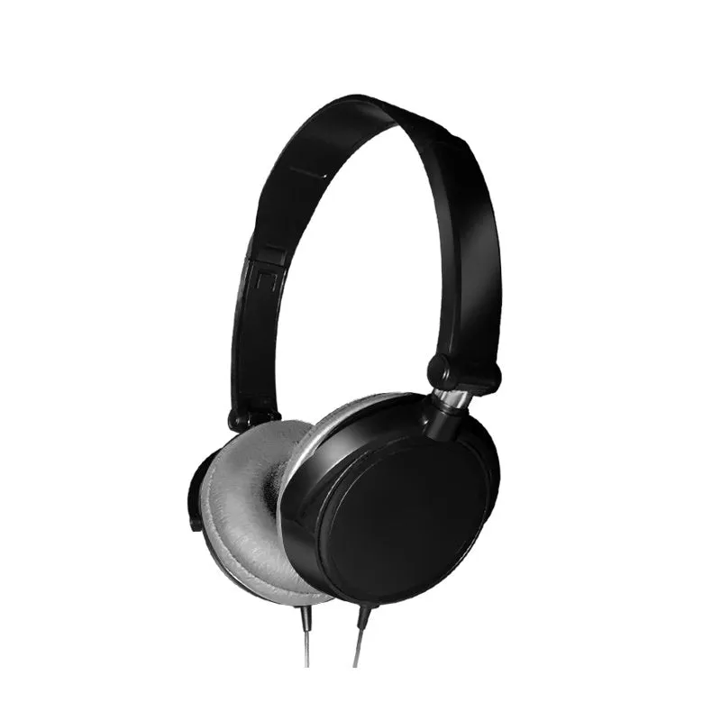 Black over-ear wired headphones with adjustable headband shown in folded and unfolded positions