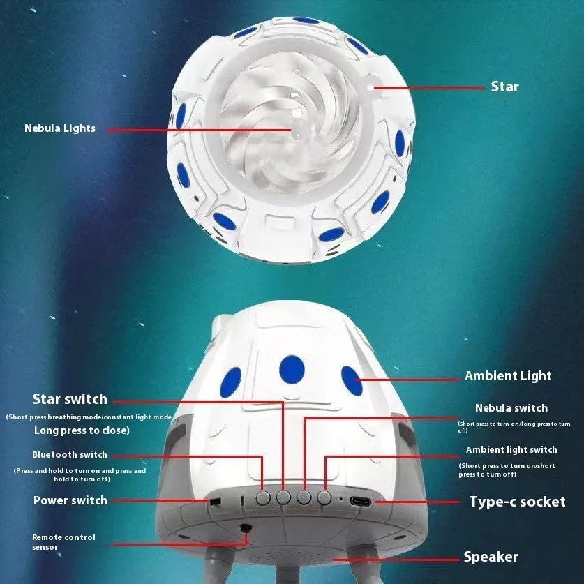 Space capsule USB projection lamp with starry galaxy lighting effects in space white colour