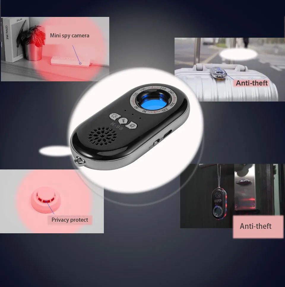 Compact black wireless signal detector with vibration sensor and alarm for anti-theft security.