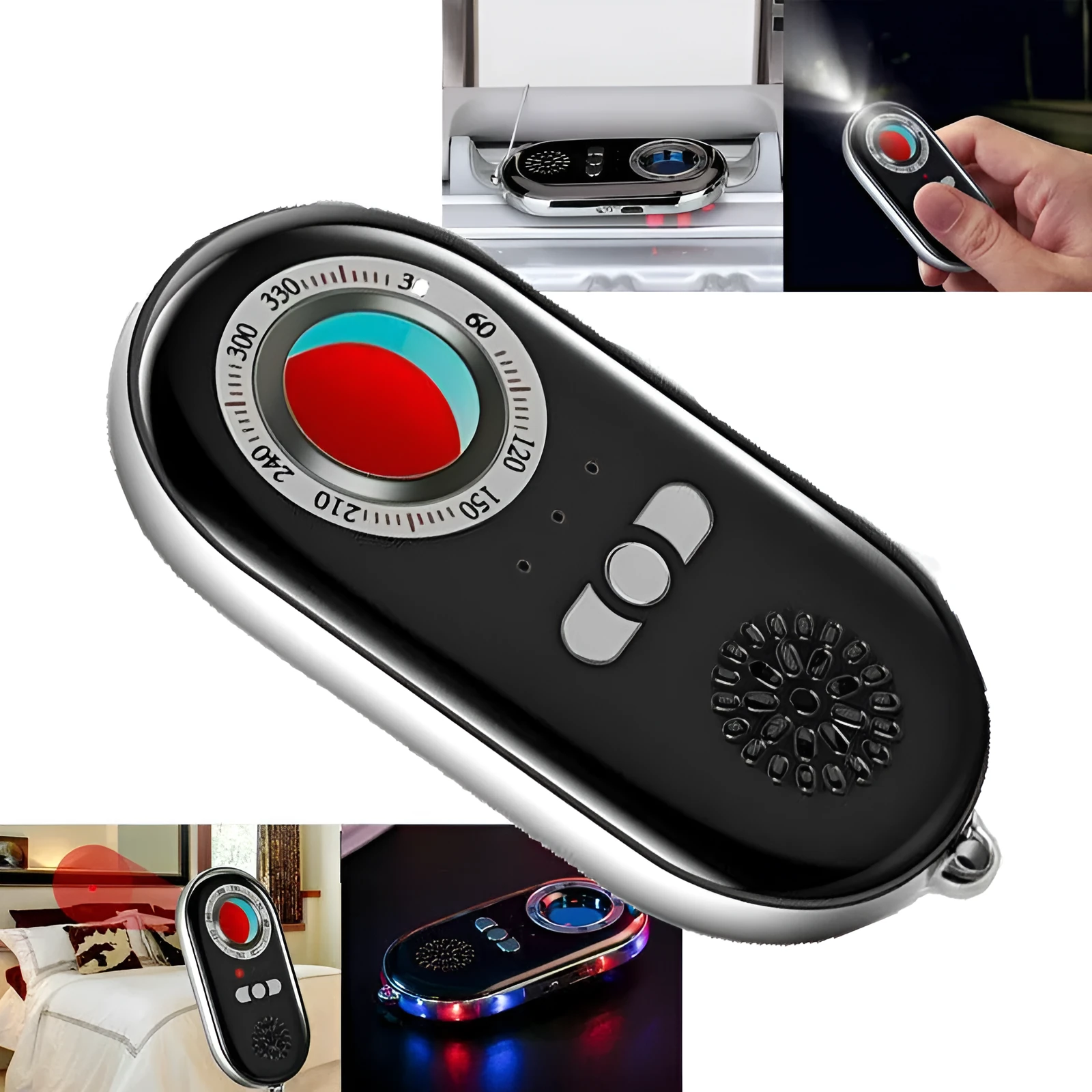 Compact black wireless signal detector with vibration sensor and alarm for anti-theft security.