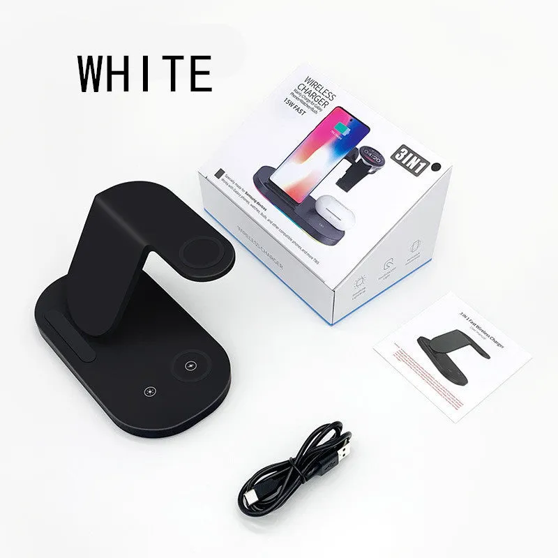 Three-in-one fast wireless charger in black or white, showing charging areas for phone, watch and headphones.