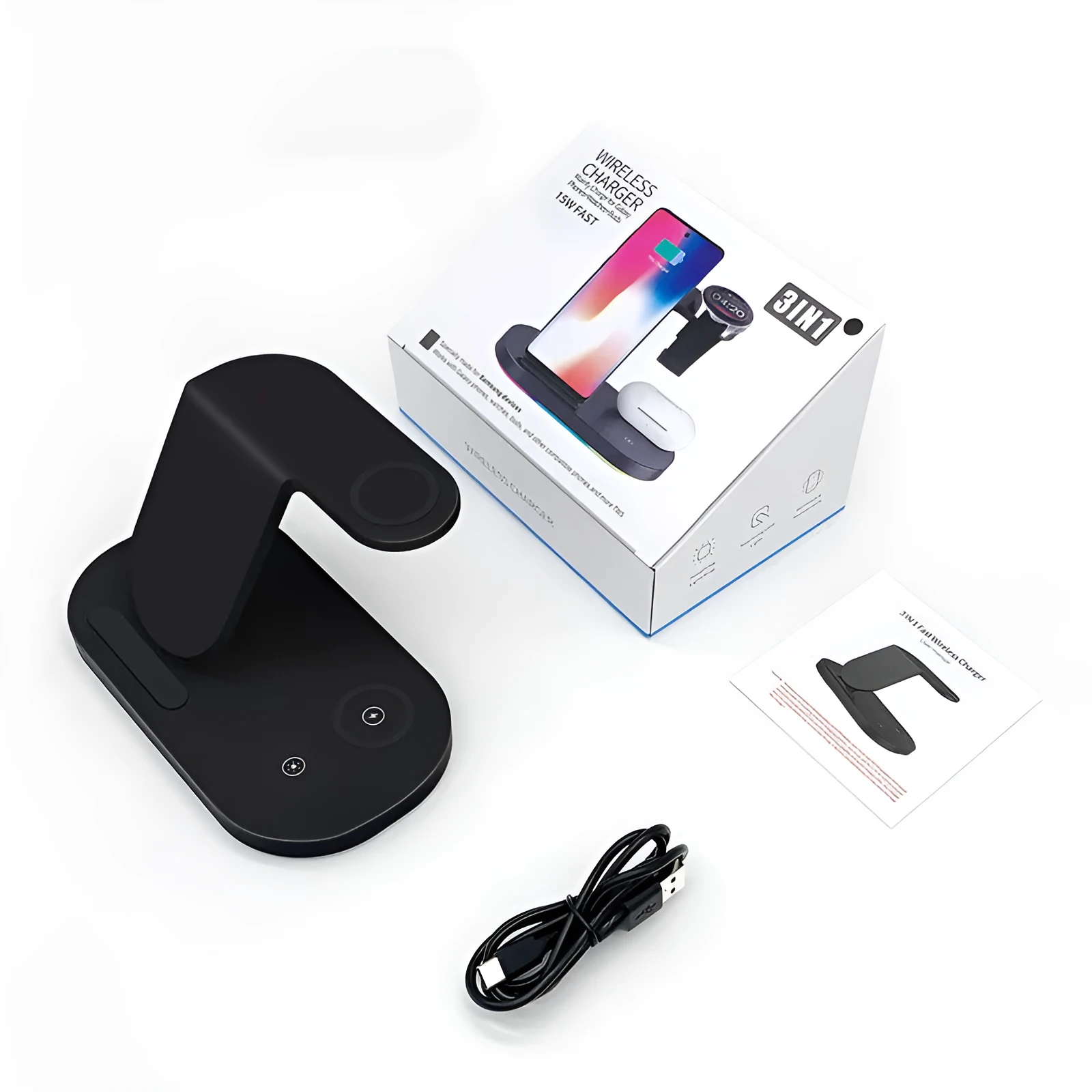 Three-in-one fast wireless charger in black or white, showing charging areas for phone, watch and headphones.
