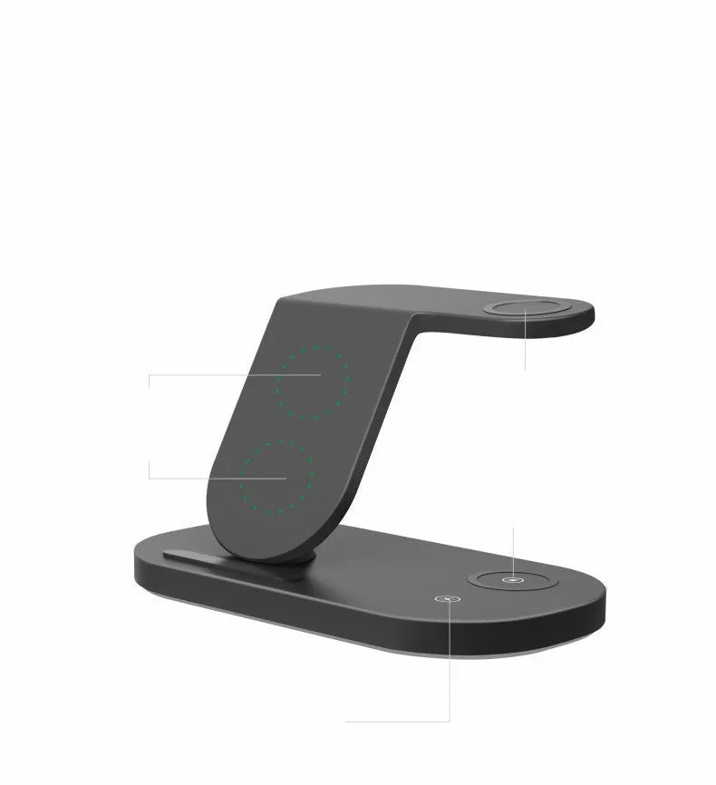 Three-in-one fast wireless charger in black or white, showing charging areas for phone, watch and headphones.