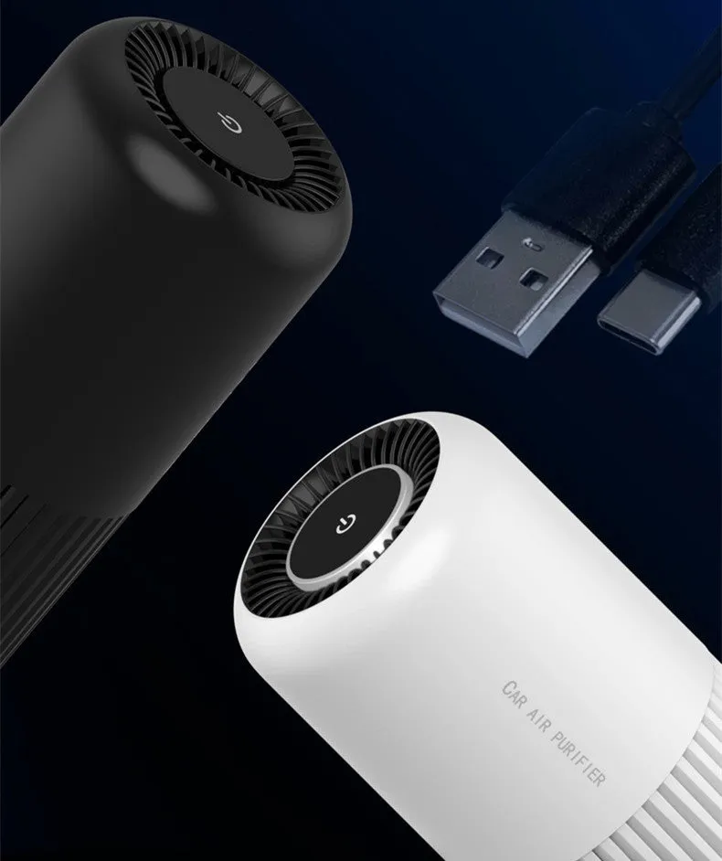 Compact black USB air purifier for car and desktop use with HEPA and UV filtration.