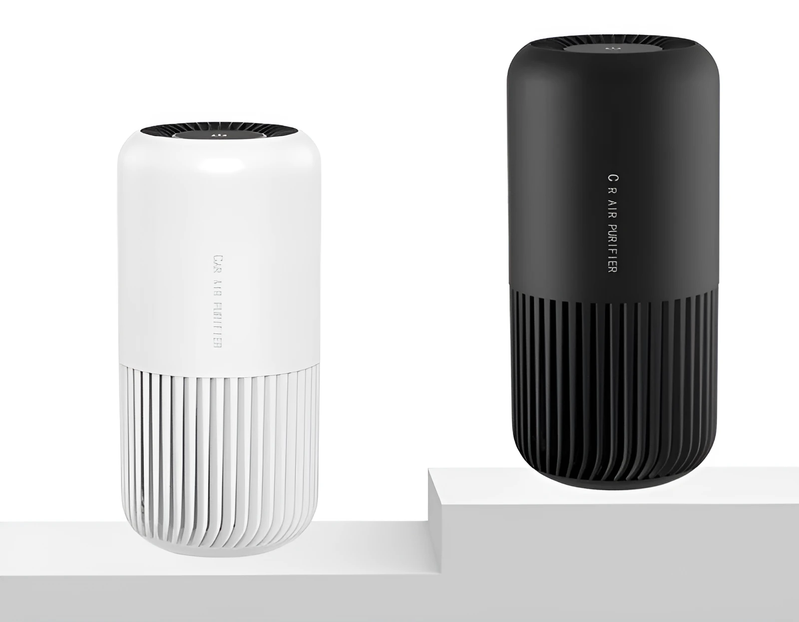 Compact black USB air purifier for car and desktop use with HEPA and UV filtration.