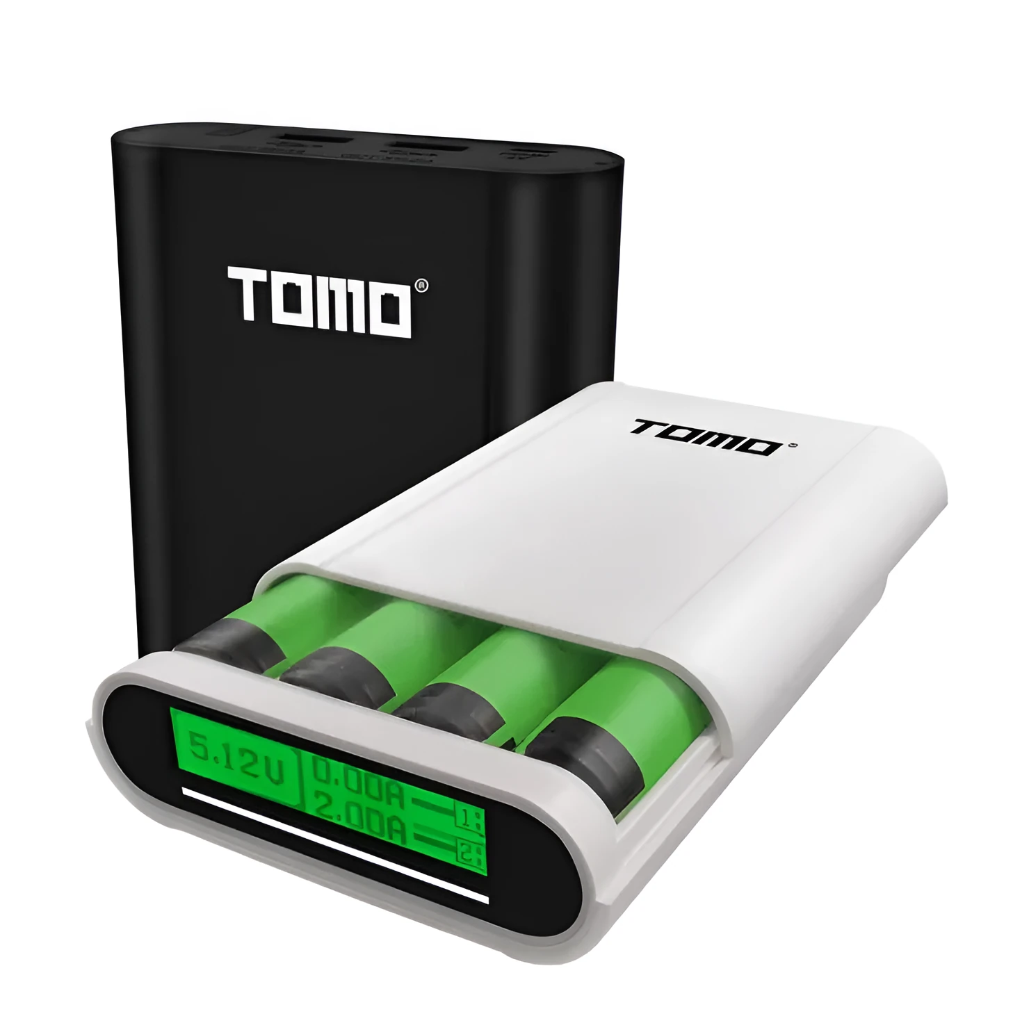 Black DIY mobile power box with LCD screen for four 18650 batteries, showing dual USB outputs.