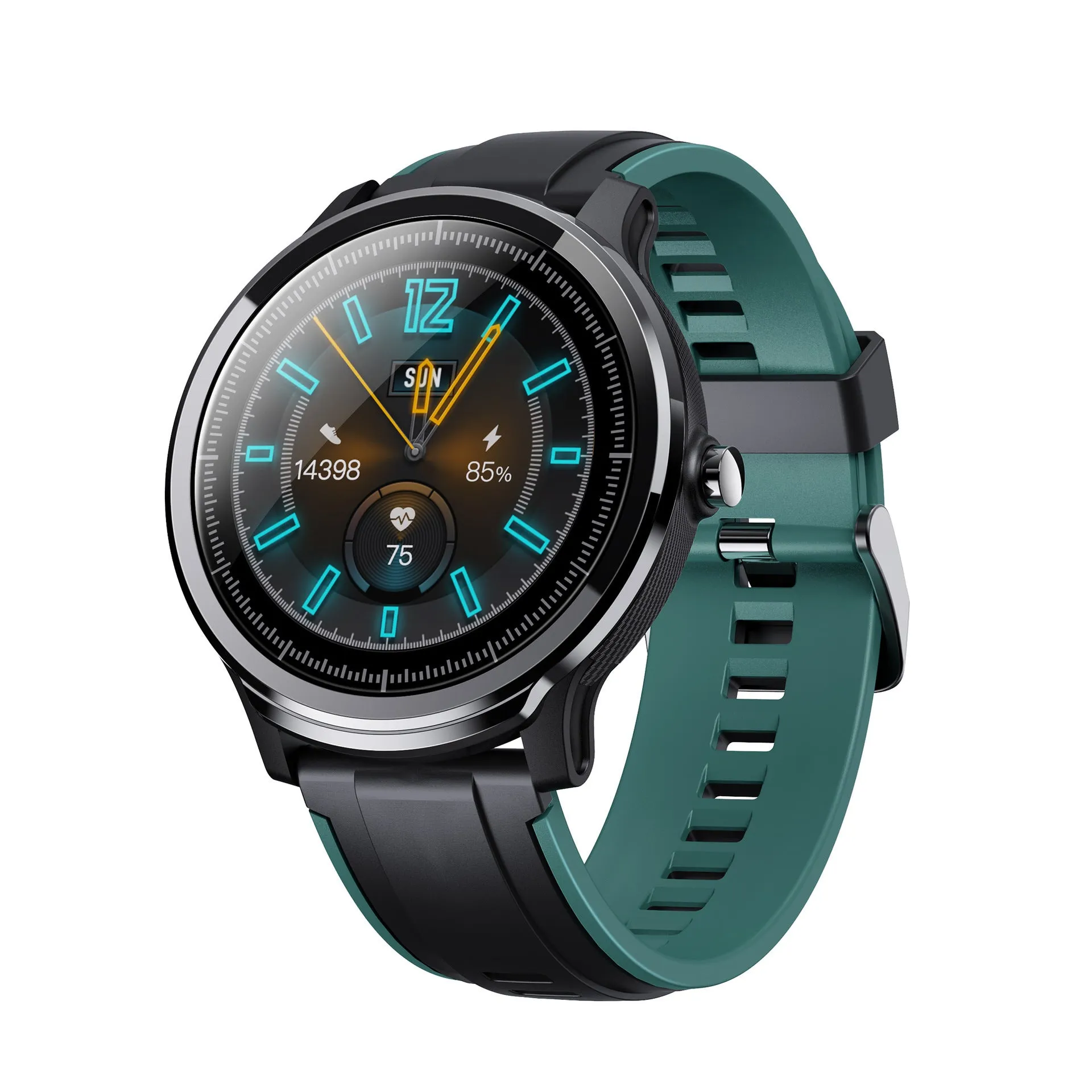 Kospet PROBE smart watch with 1.3-inch touch screen in green or red colour on a silicone strap.