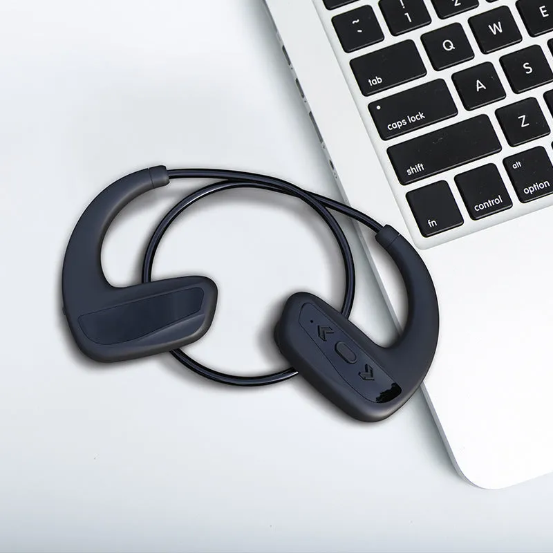 Black swimming headphones with head-mounted design for aquatic and running sports use