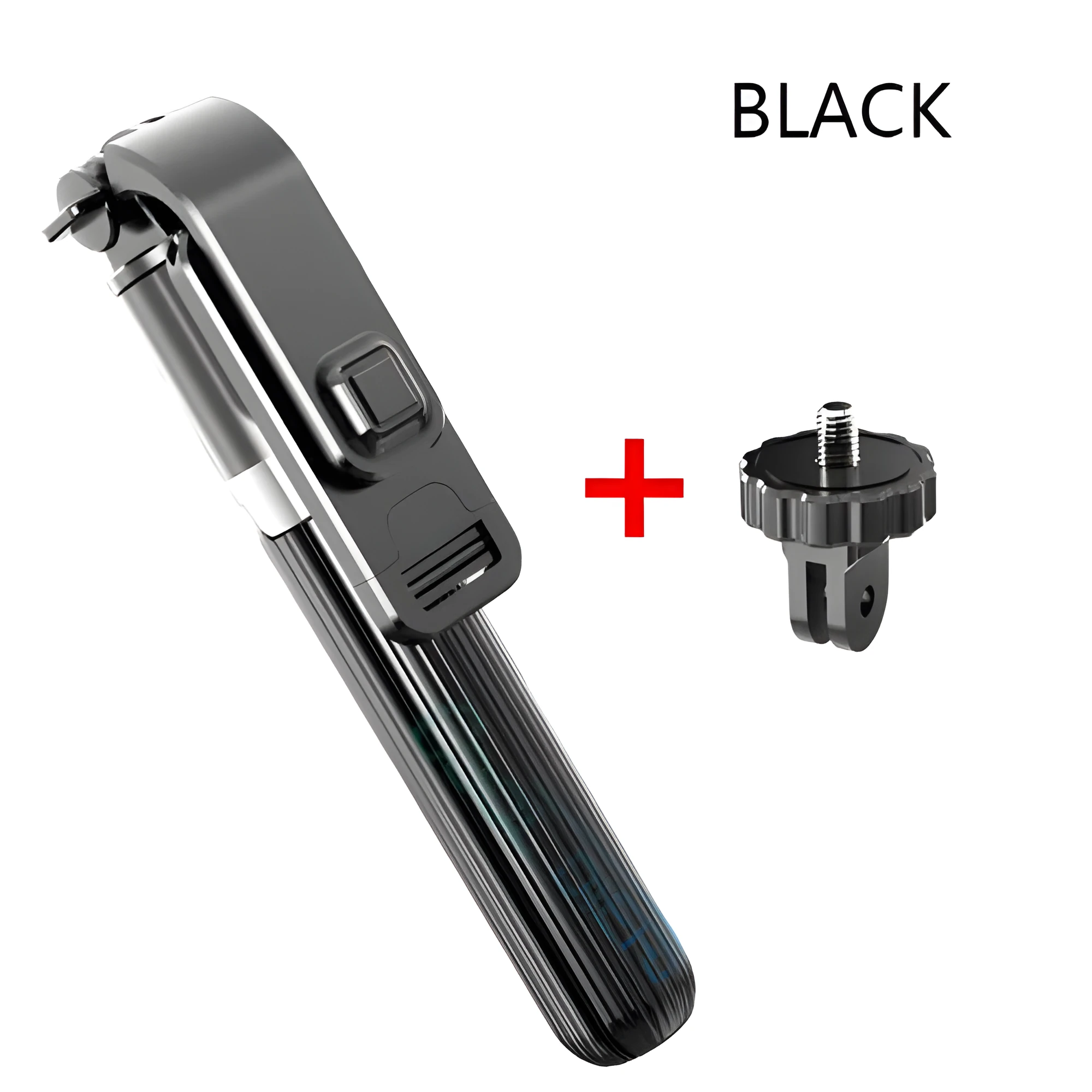 Black aluminium selfie stick with tripod base extended to mid-length next to an iPhone.