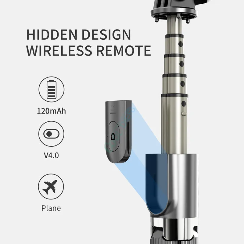Black aluminium selfie stick with tripod base extended to mid-length next to an iPhone.