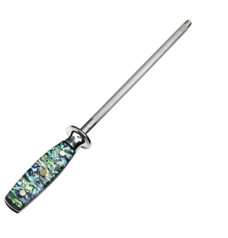High carbon steel kitchen knife sharpener with abalone shell handle.
