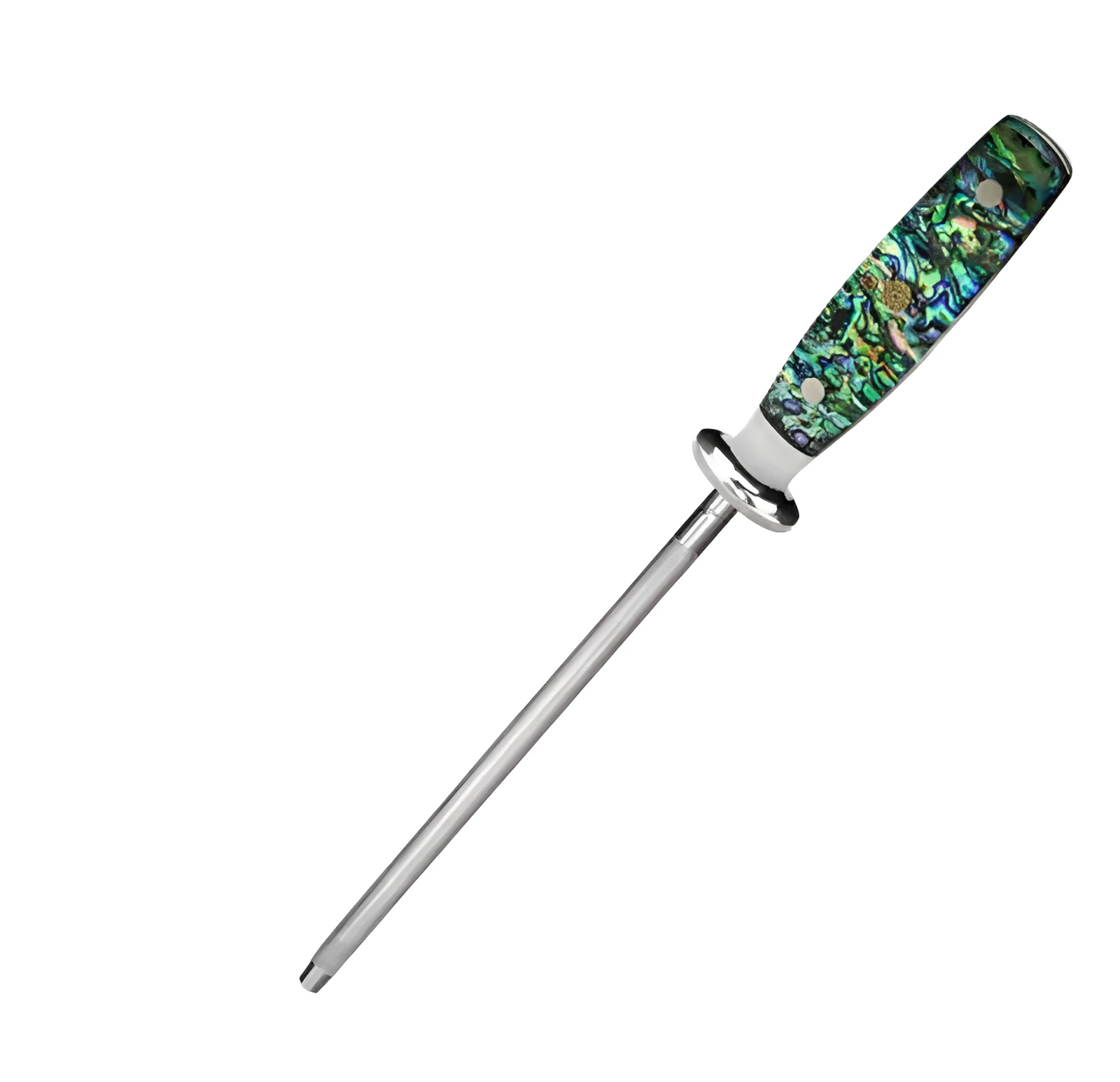 High carbon steel kitchen knife sharpener with abalone shell handle.