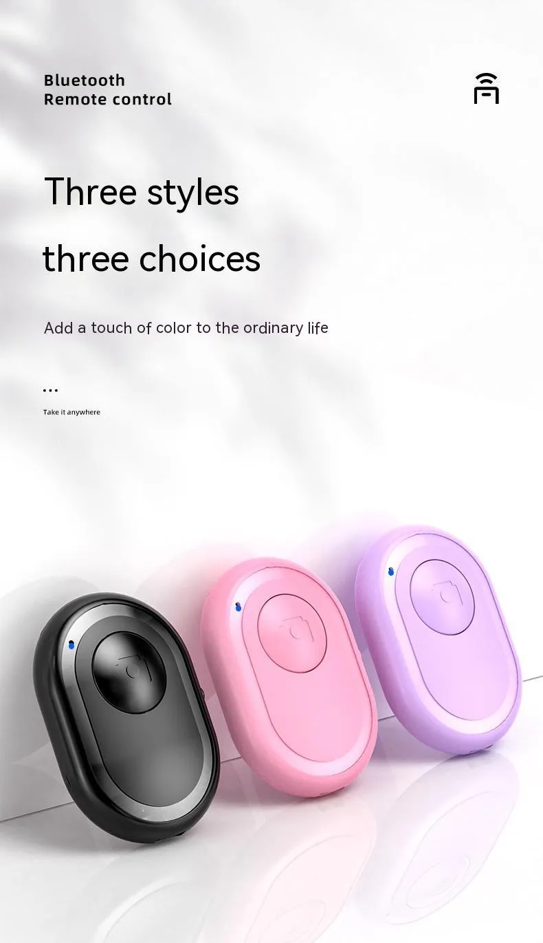 Wireless Bluetooth photo remote control in black, pink, or purple colours showing compact size