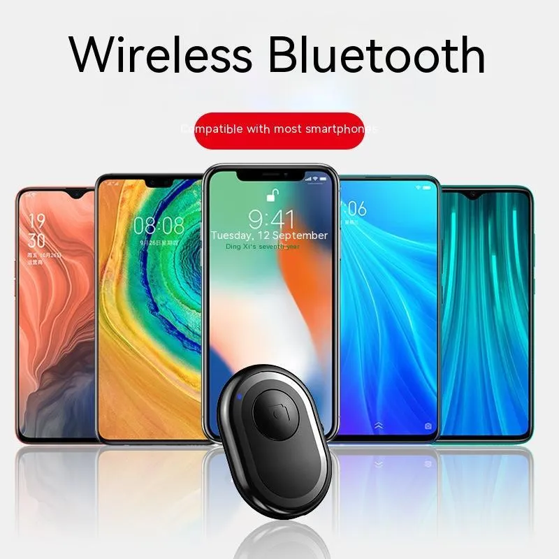 Wireless Bluetooth photo remote control in black, pink, or purple colours showing compact size
