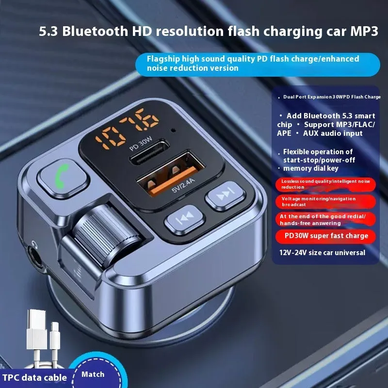 Car Bluetooth receiver and fast charger unit with USB-C and USB-A ports for 12V socket