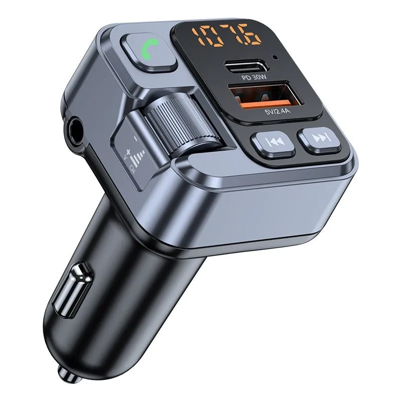 Car Bluetooth receiver and fast charger unit with USB-C and USB-A ports for 12V socket
