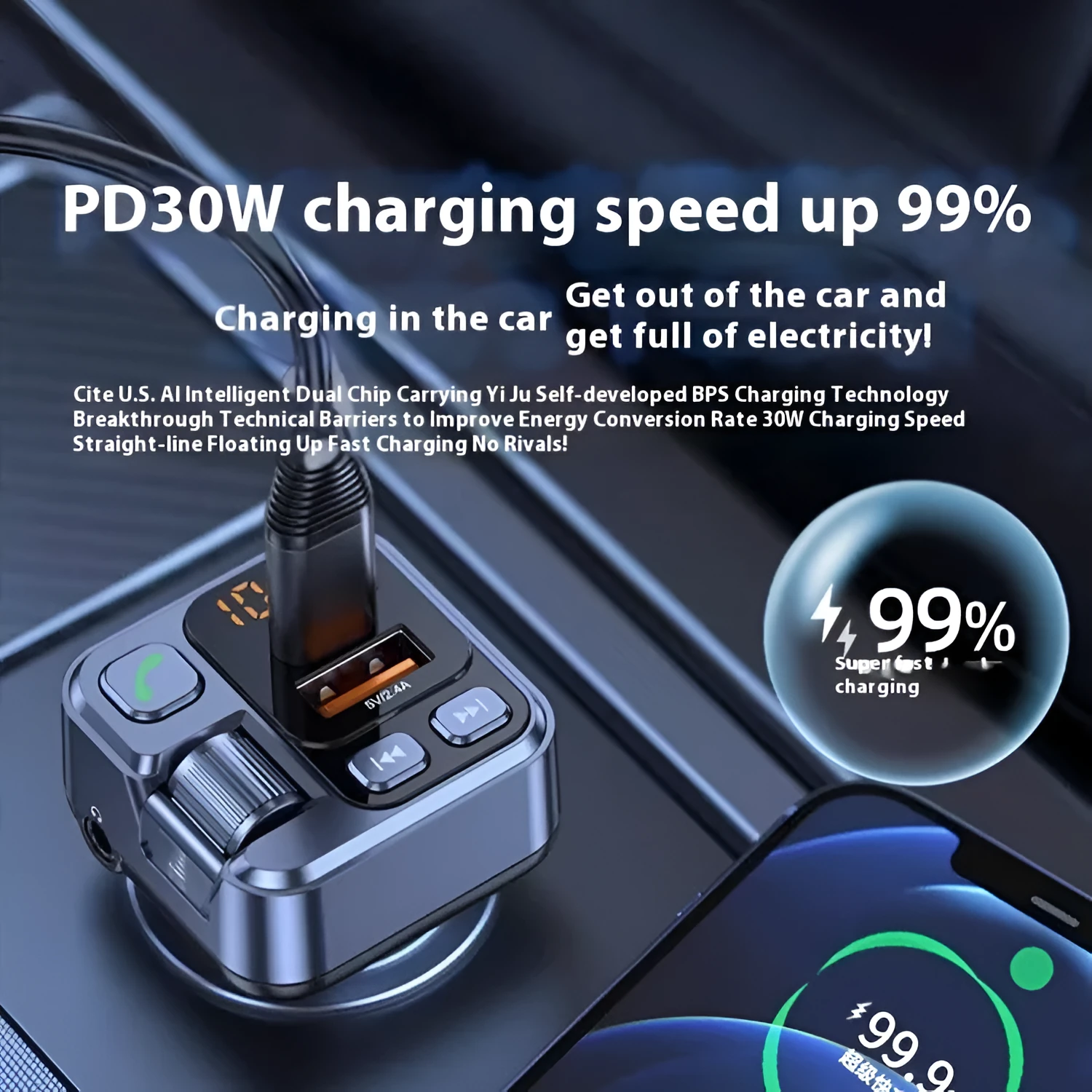 Car Bluetooth receiver and fast charger unit with USB-C and USB-A ports for 12V socket