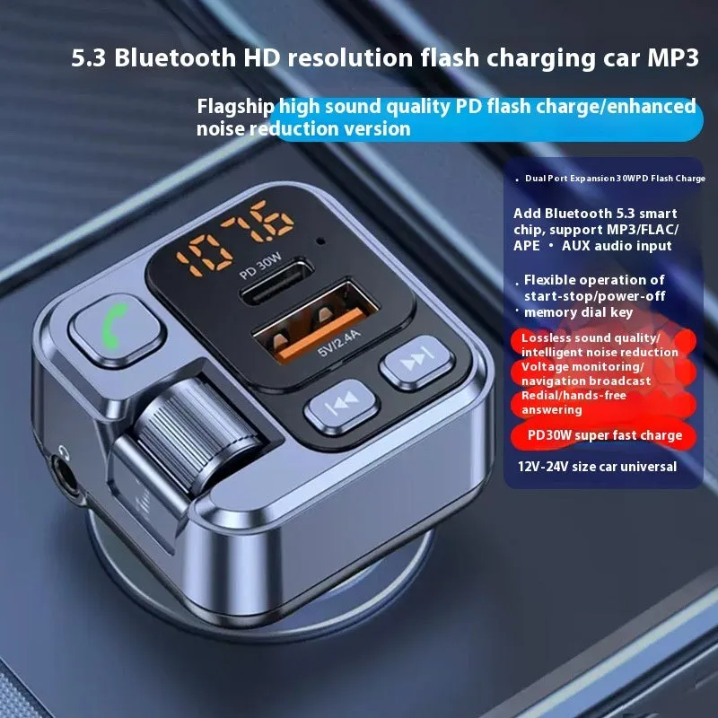 Car Bluetooth receiver and fast charger unit with USB-C and USB-A ports for 12V socket