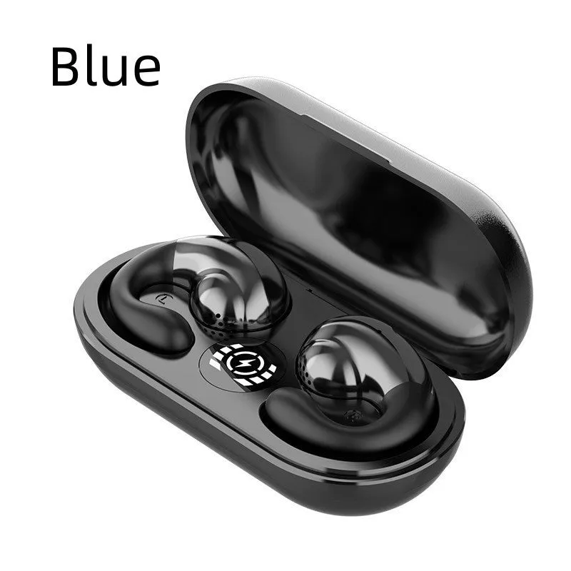Black wireless Bluetooth sports headphones with ear clip design on a grey background.