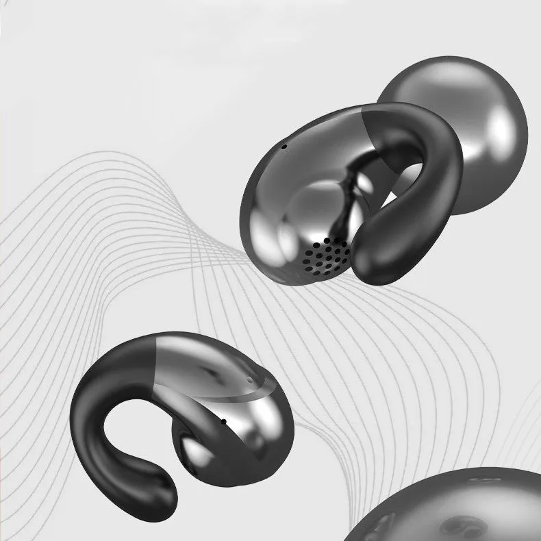 Black wireless Bluetooth sports headphones with ear clip design on a grey background.