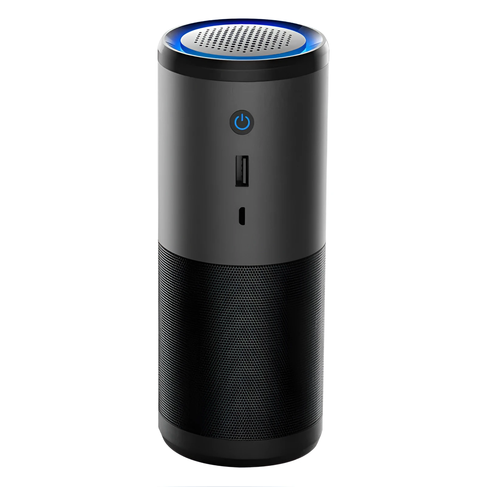 Black portable mini car air purifier with smart sensor display on a metal body