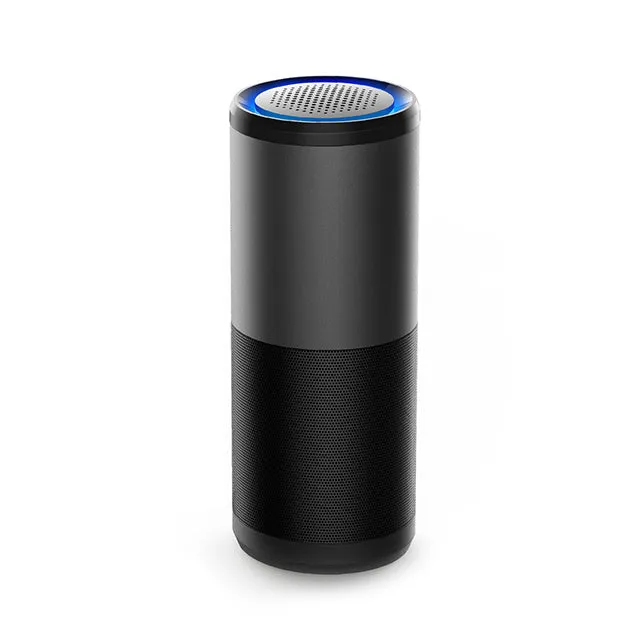 Black portable mini car air purifier with smart sensor display on a metal body