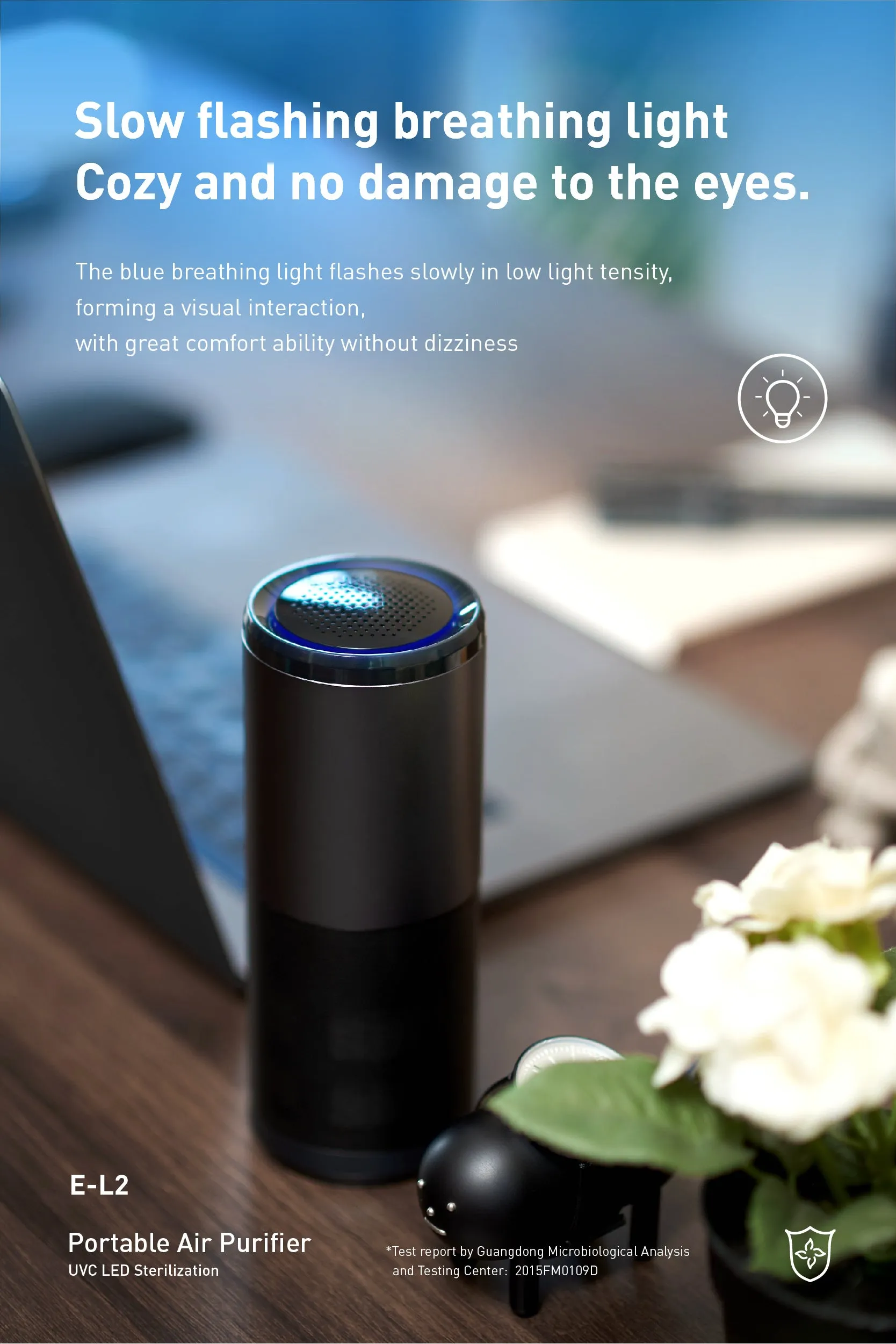 Black portable mini car air purifier with smart sensor display on a metal body