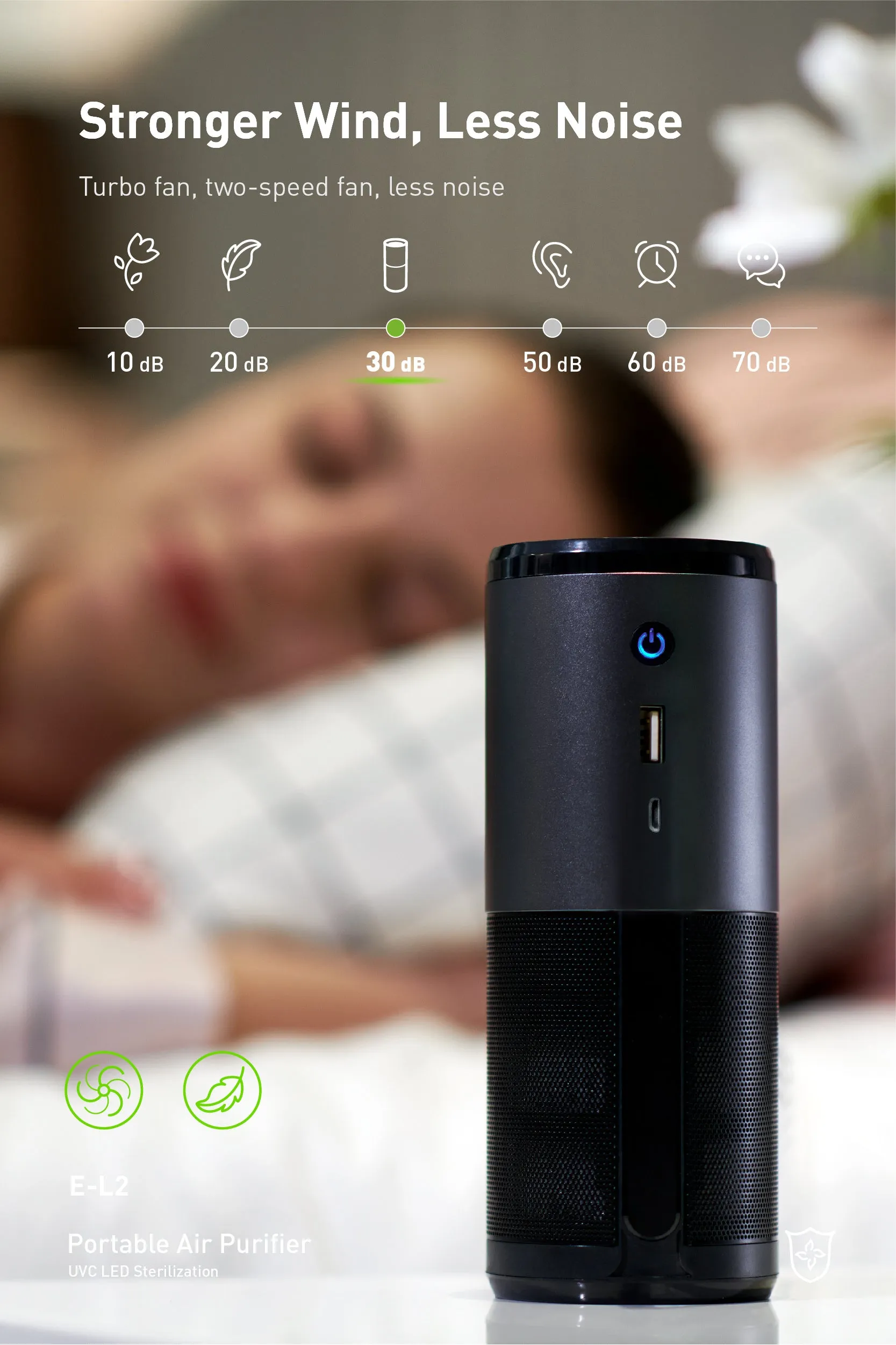Black portable mini car air purifier with smart sensor display on a metal body