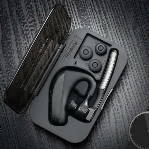 Black wireless Bluetooth headset with charging compartment showing independent ear pieces