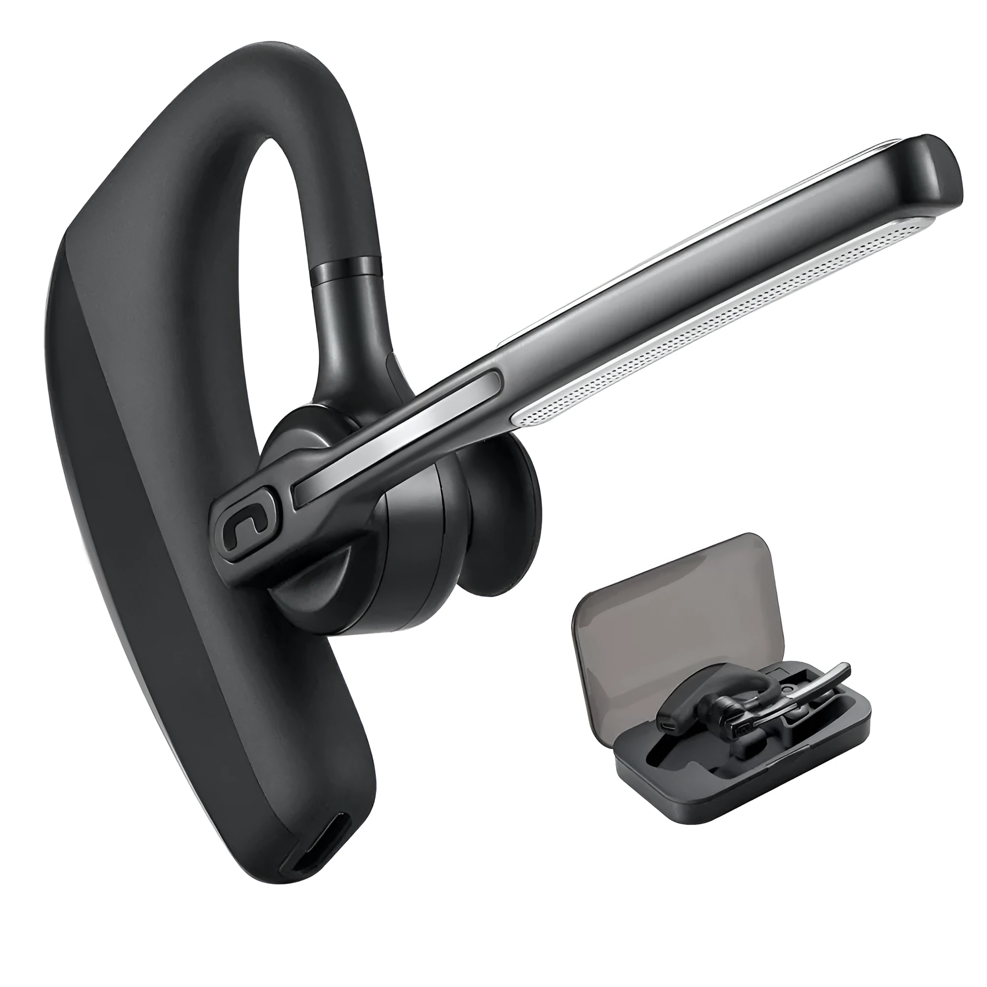 Black wireless Bluetooth headset with charging compartment showing independent ear pieces