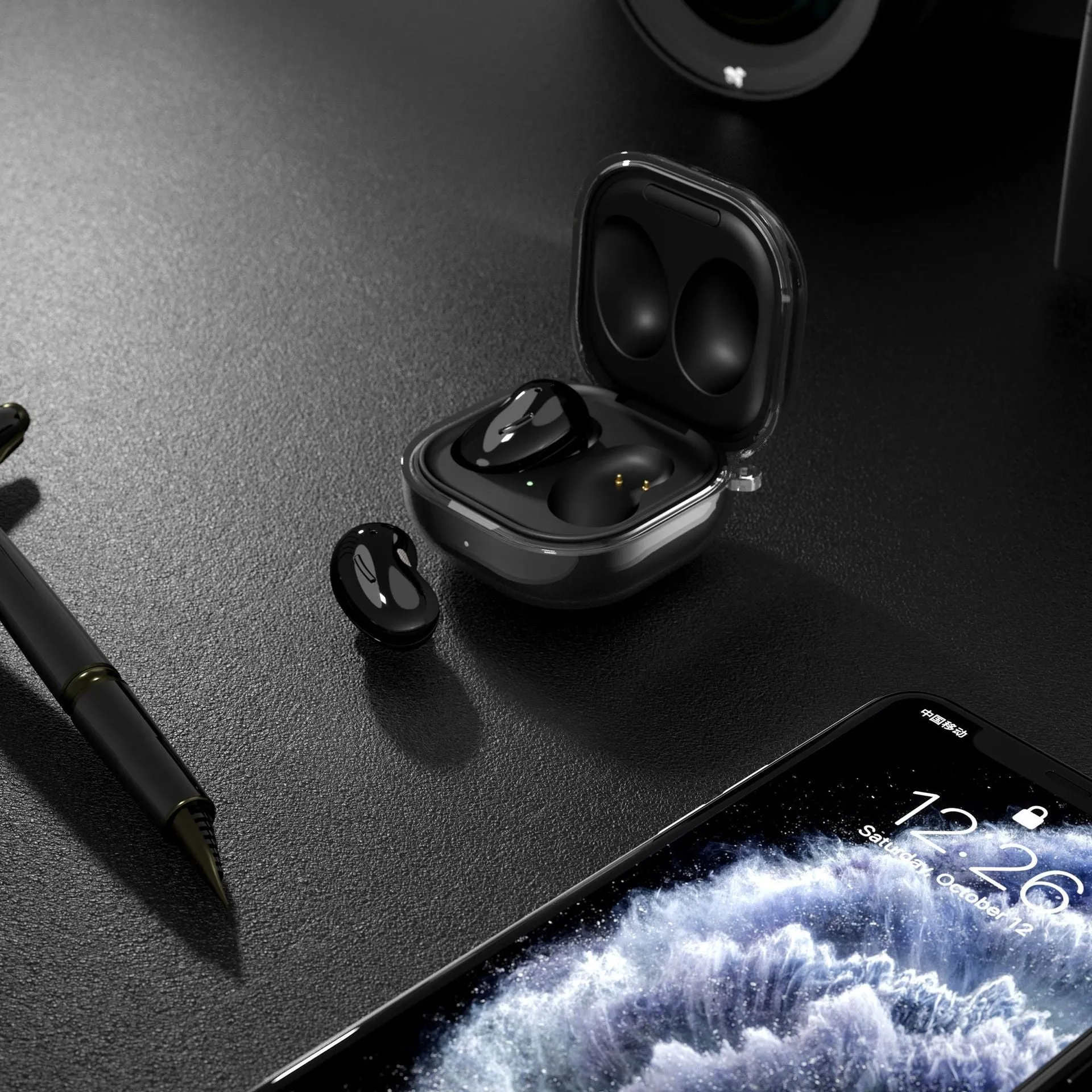 Bluetooth transparent ear case in clamshell design showing translucent colour options