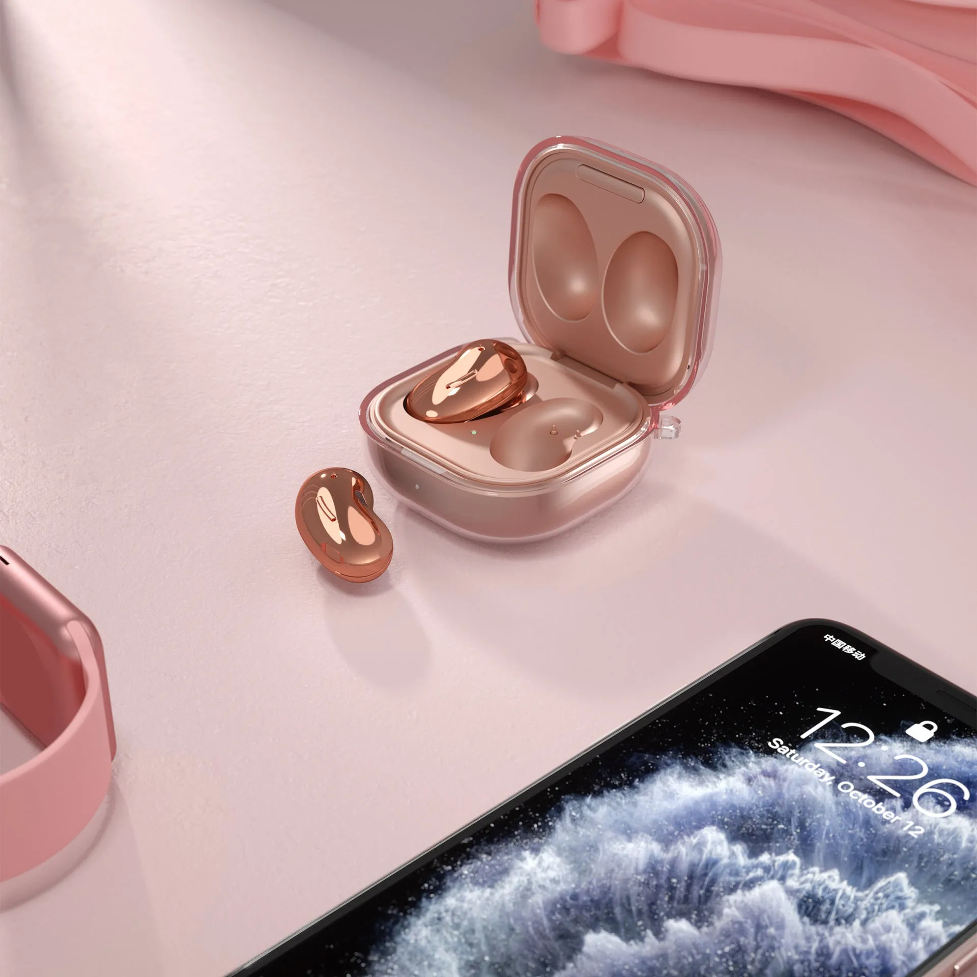 Bluetooth transparent ear case in clamshell design showing translucent colour options