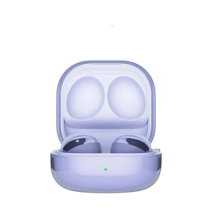 Bluetooth transparent ear case in clamshell design showing translucent colour options