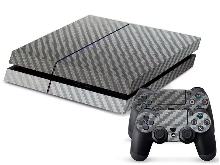 Carbon fibre pattern vinyl skin sticker for Sony PS4 console and controller on a black background.