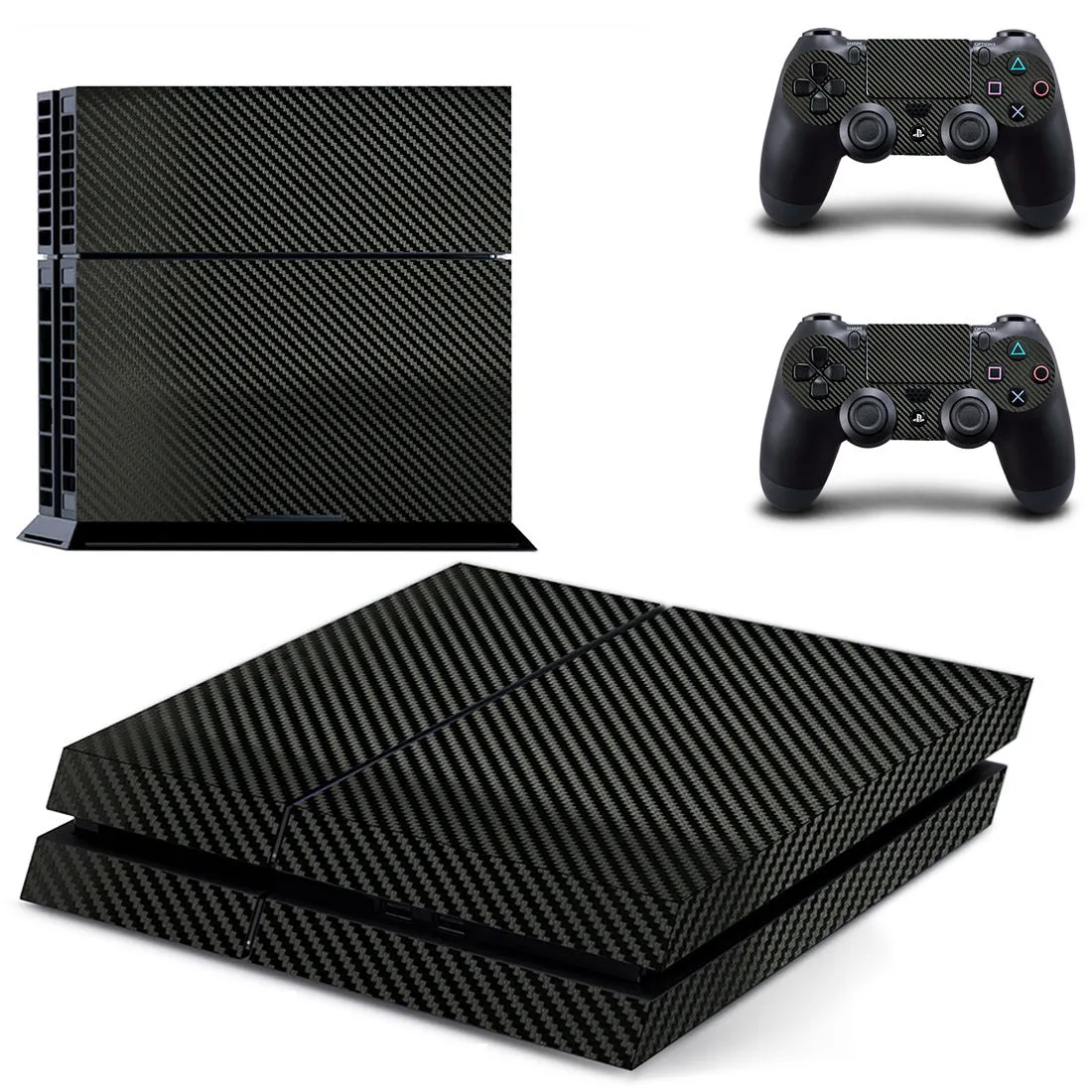 Carbon fibre pattern vinyl skin sticker for Sony PS4 console and controller on a black background.