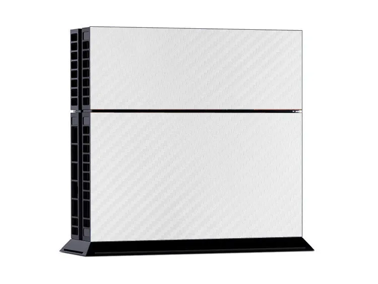 Carbon fibre pattern vinyl skin sticker for Sony PS4 console and controller on a black background.
