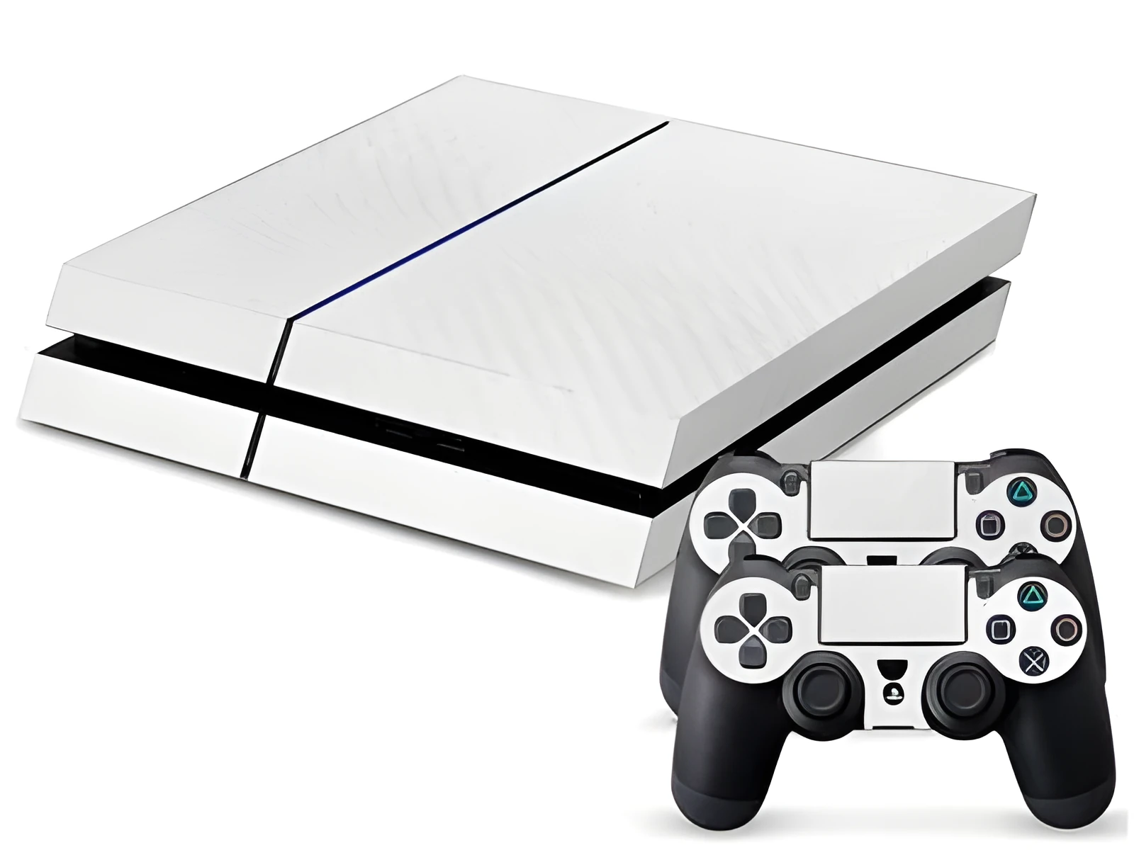 Carbon fibre pattern vinyl skin sticker for Sony PS4 console and controller on a black background.