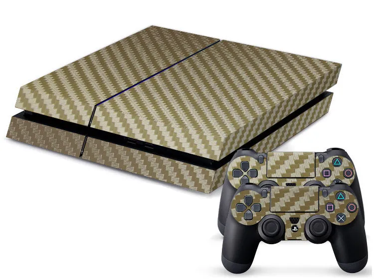Carbon fibre pattern vinyl skin sticker for Sony PS4 console and controller on a black background.