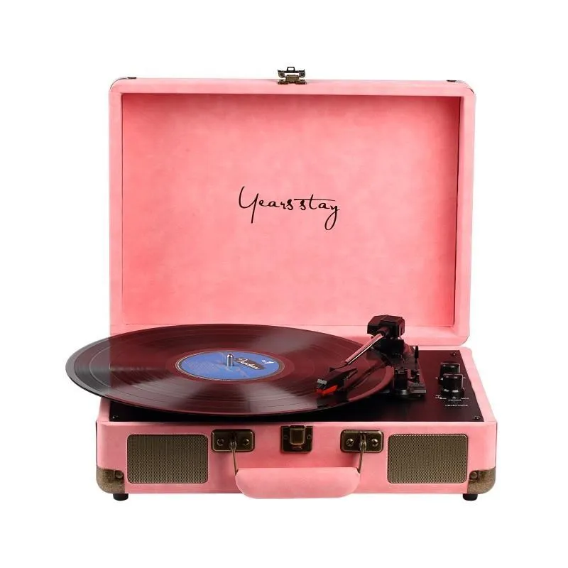 Portable Bluetooth vinyl turntable in a leather carrying case shown in multiple colour options