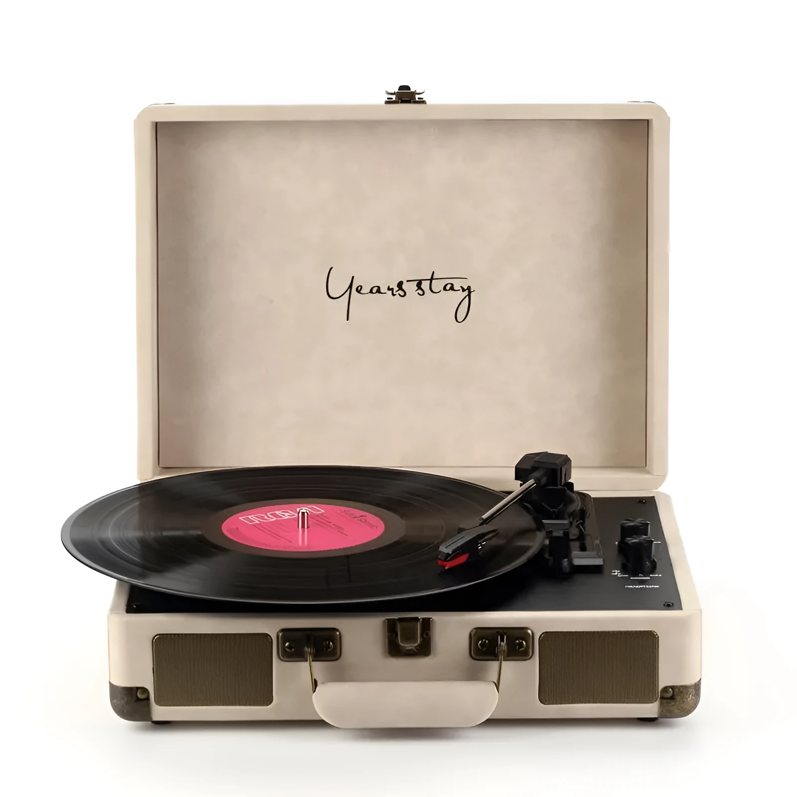 Portable Bluetooth vinyl turntable in a leather carrying case shown in multiple colour options