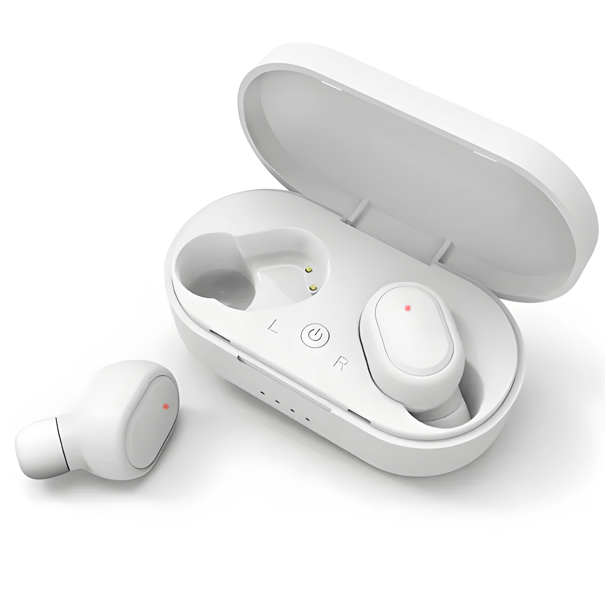 Black and white Bluetooth headphones with earbud design for wireless stereo sound