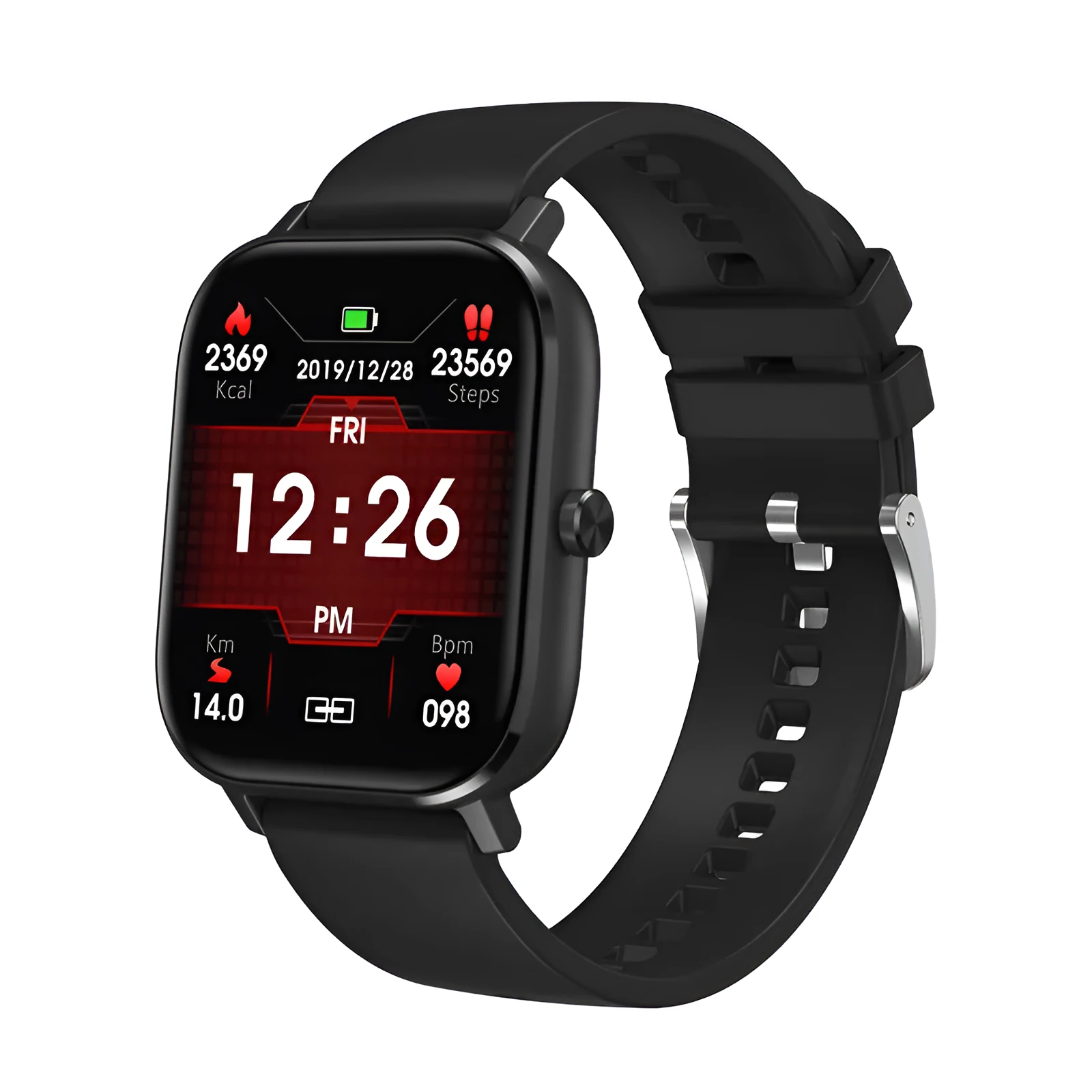 DT35 black smart watch with colour screen and silicone strap on wrist