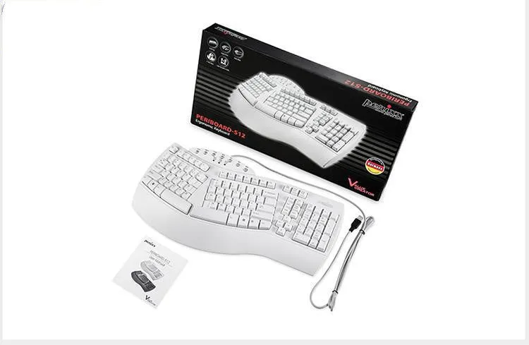 Perixx Periboard-512 ergonomic split keyboard in white and black with USB cable