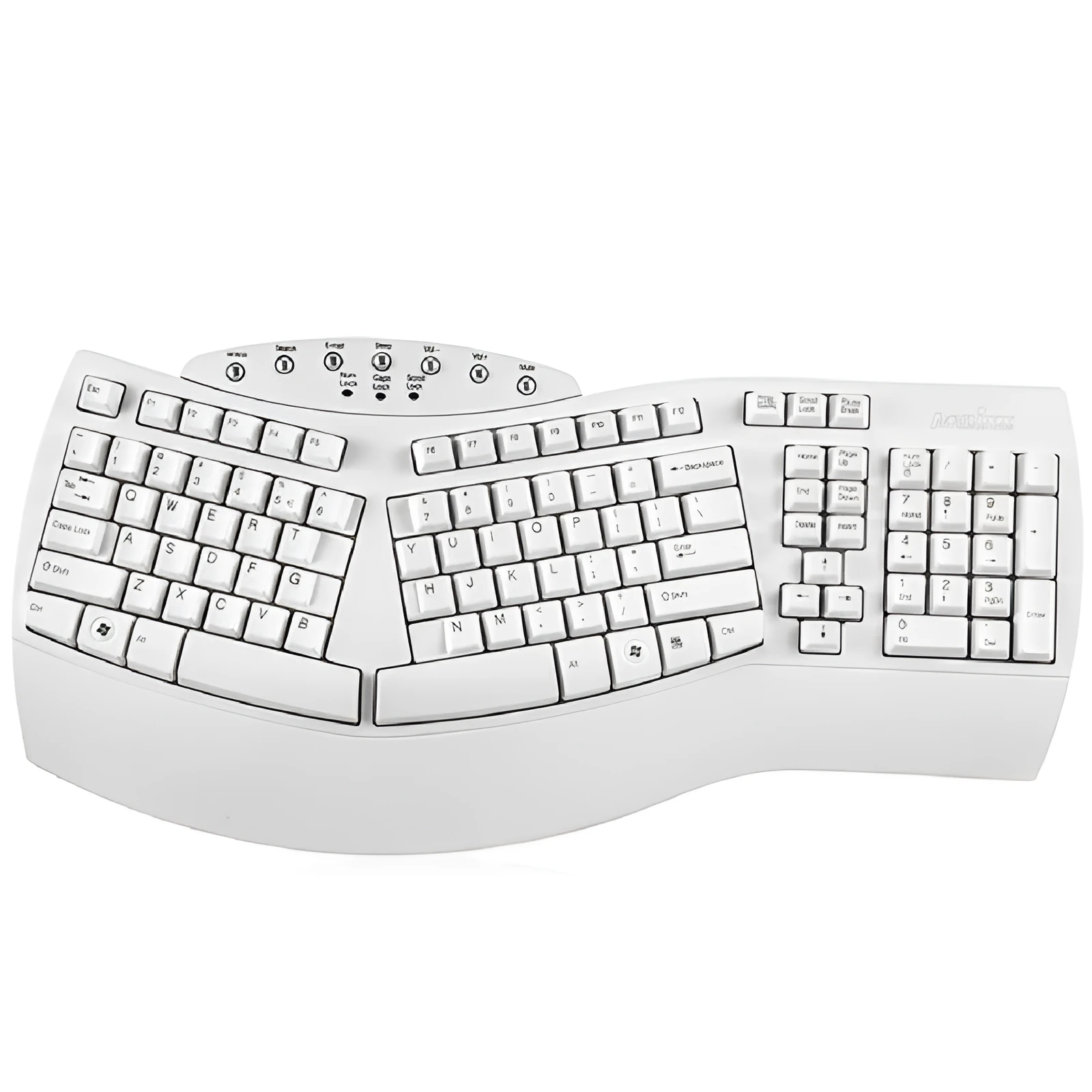Perixx Periboard-512 ergonomic split keyboard in white and black with USB cable