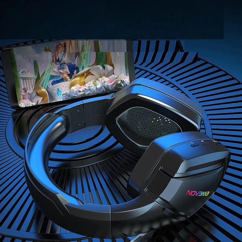 Black RGB wireless Bluetooth headset with noise reduction on a head model.
