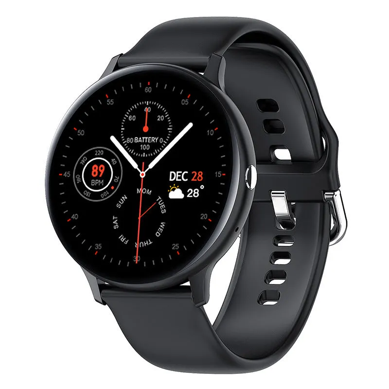 Black smart bracelet with touch screen showing heart rate data on a wrist.